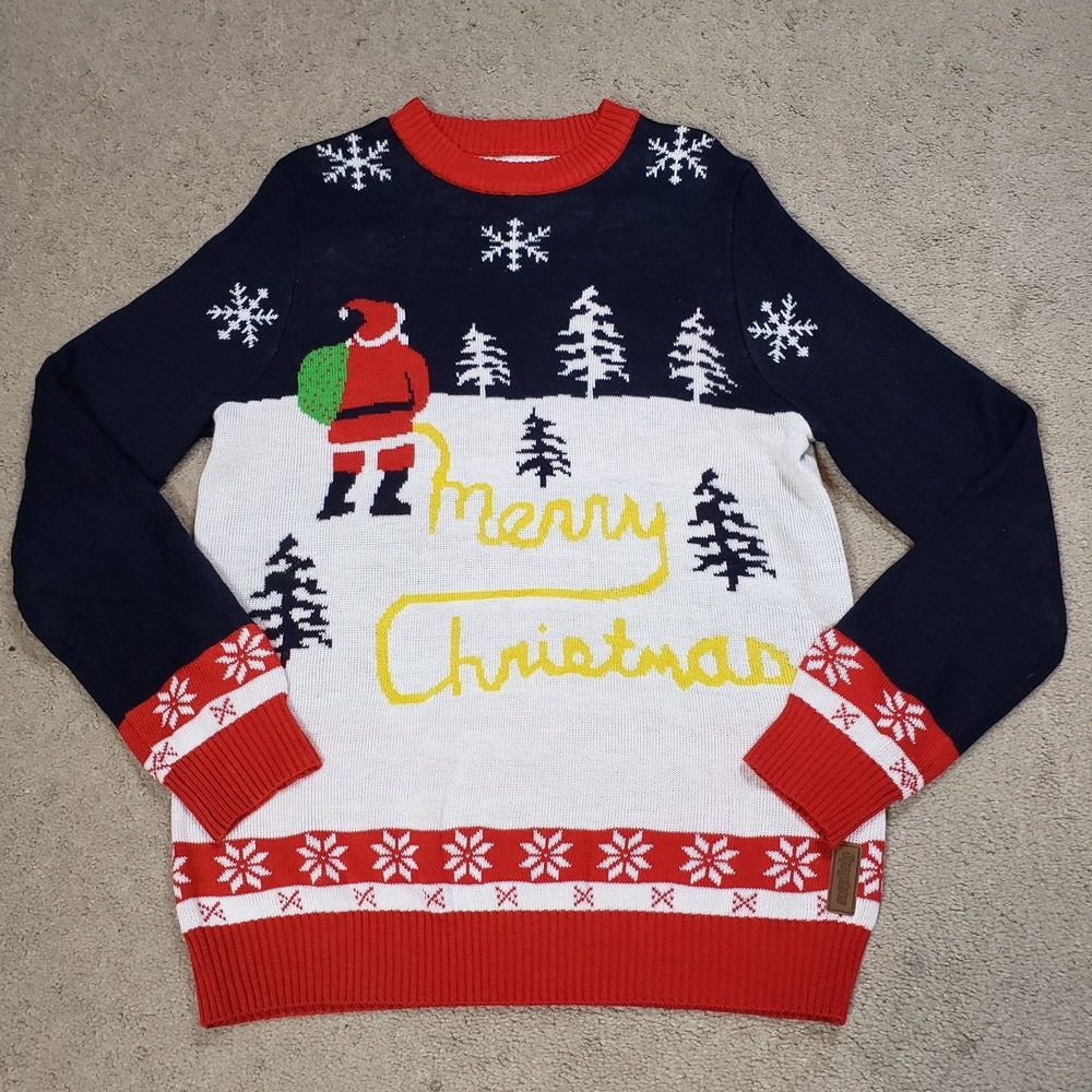 Tipsy Elves Sweater Mens Large Funny Ugly Christmas Santa Yellow‎ Snow Bathroom